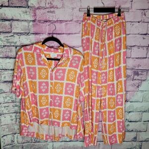 PIYAMA COLORFUL IKAT PRINT PINK ORANGE PAJAMA TOP AND PANTS SET XS